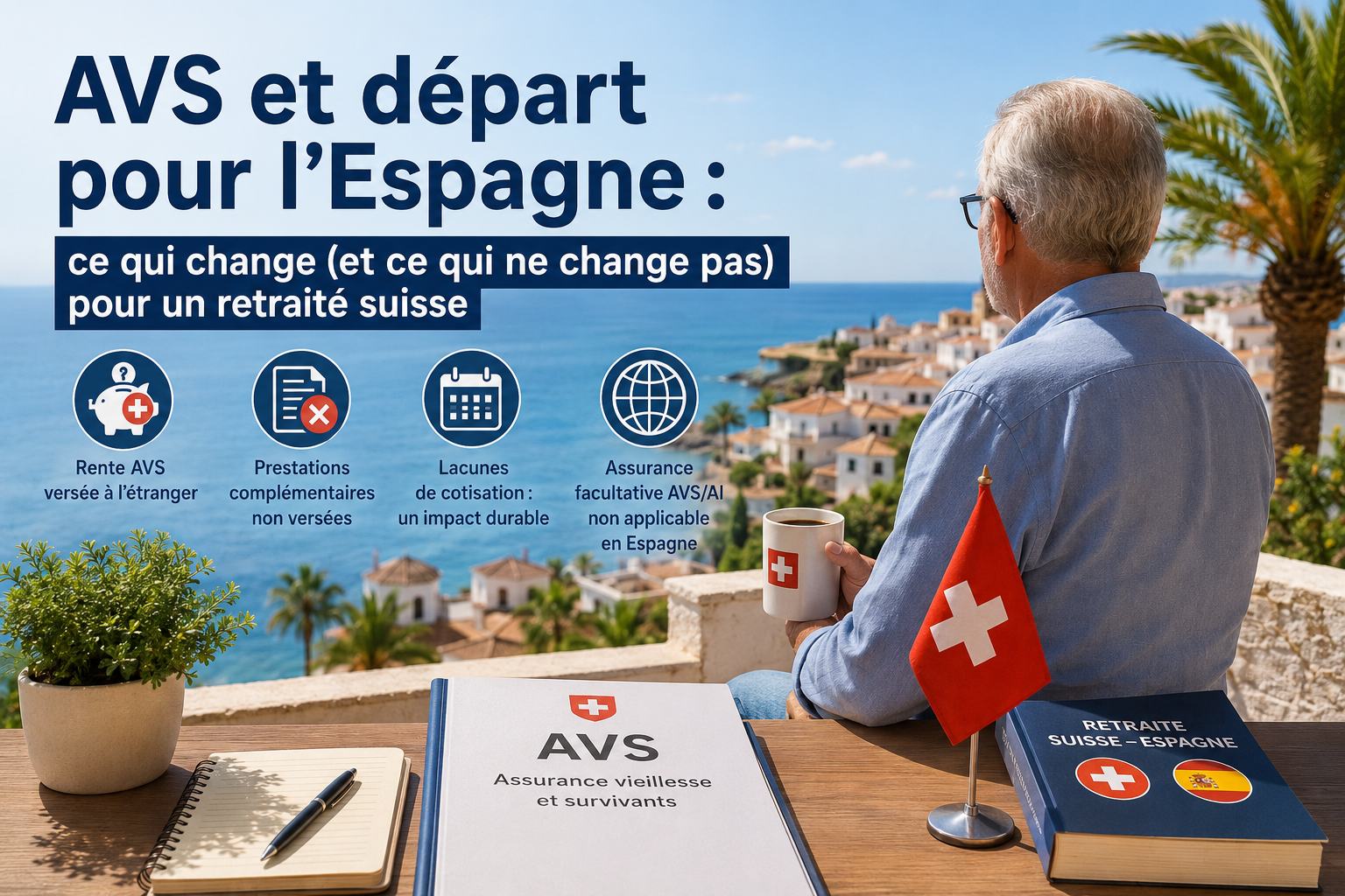Retraité suisse en Espagne consultant ses documents AVS avant son départ à la retraite