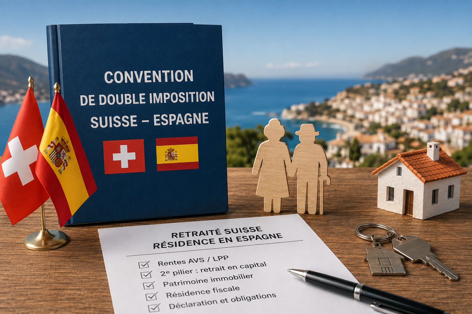 Couple de retraités suisses consultant leurs documents fiscaux, convention de double imposition Suisse-Espagne