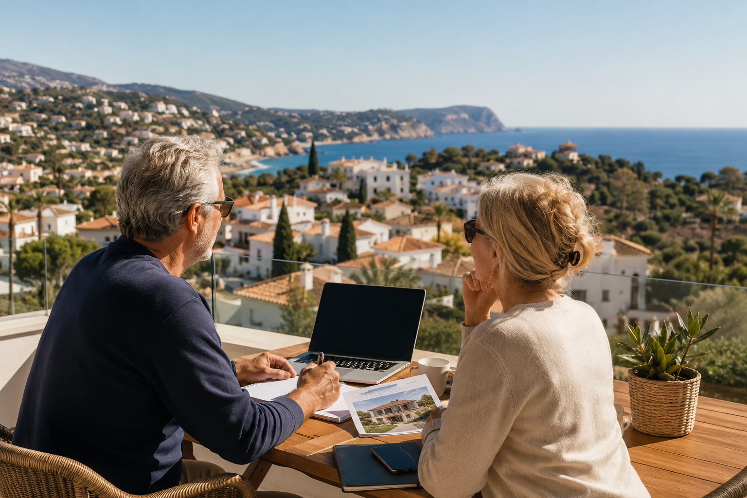 Couple suisse préparant l’évolution d’une résidence secondaire en Espagne vers une installation durable
